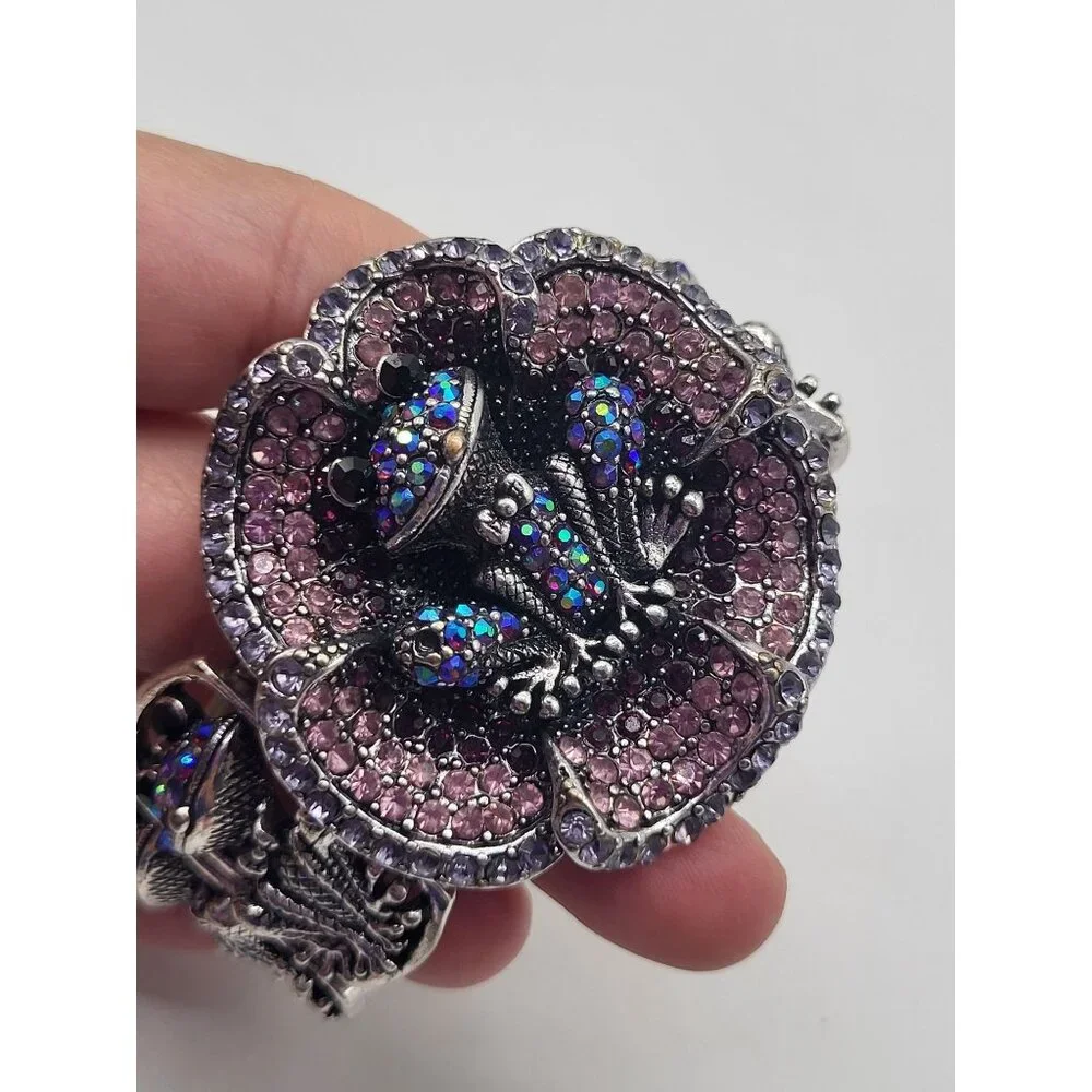 YUHONG Rhinestone Stretch Silver Tone Bracelet FROG Whimsical Bling Fairy Flower - Picture 6 of 12